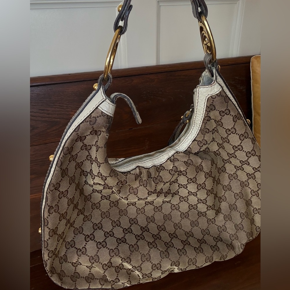 Authentic Gucci Tan Monogram Hobo Bag with Gold Accents